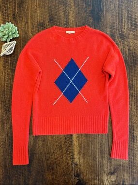 Kier + J | Preppy Red Argyle 100% Cashmere Crewneck Sweater, Size S